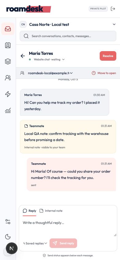 RoamDesk on a phone, showing an example conversation and reply controls